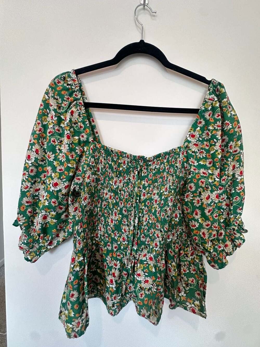 Indigo Rising Green Floral Smocked Square Neck Peasant Blouse